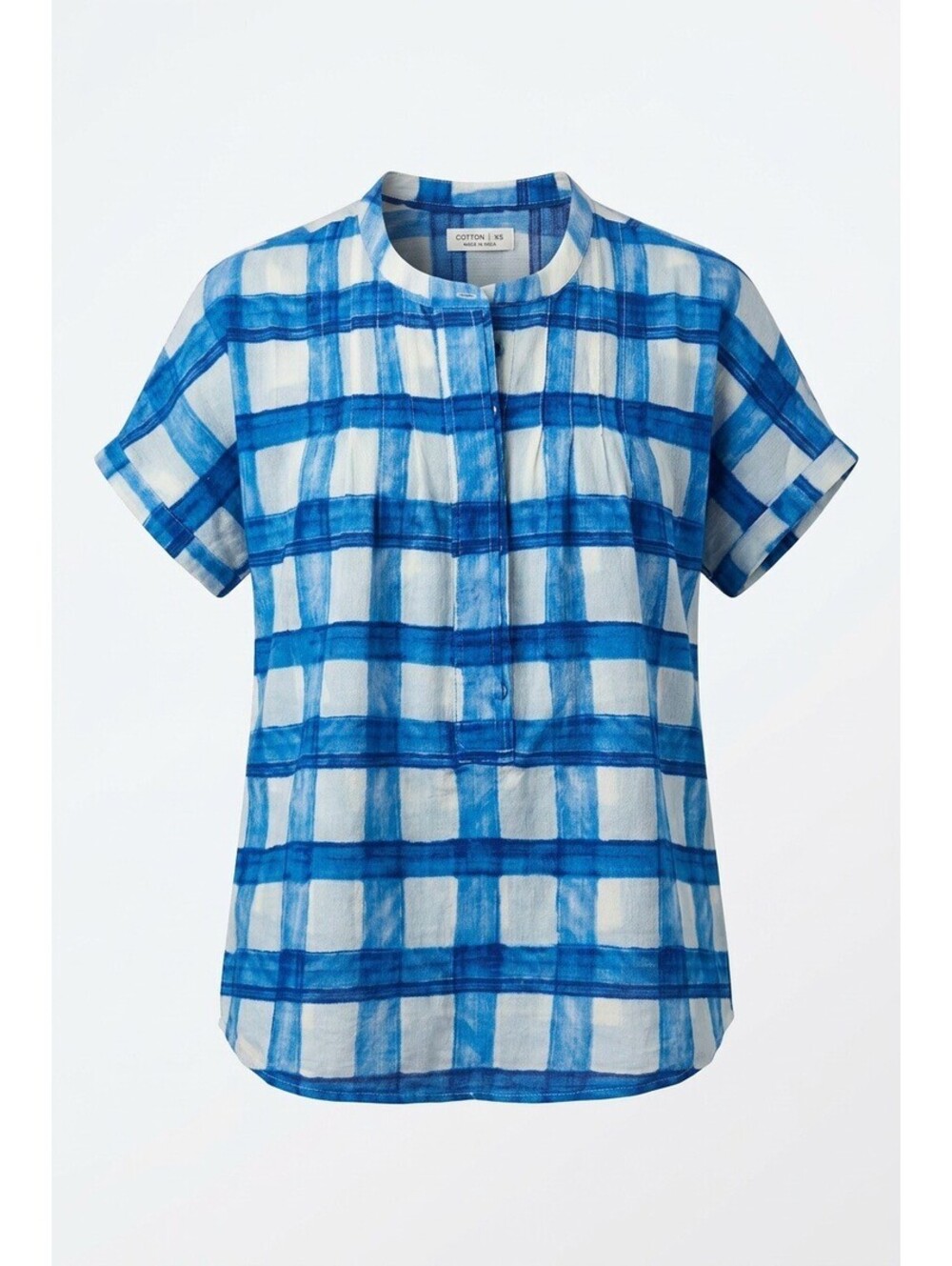 Maeve Anthropologie Blue White Silk Plaid Check Popover Top Short Sleeve XS